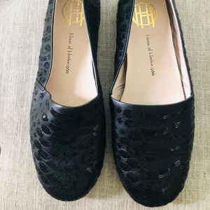 House of Harlow Black Moccasins with Black Sequins
